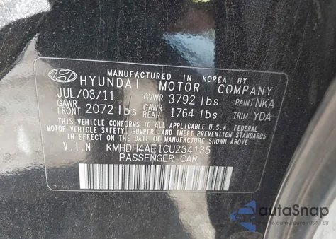 2012 Hyundai Elantra Gls (Ulsan Plant) z USA, uszkodzony, nr VIN KMHDH4AE1CU234135